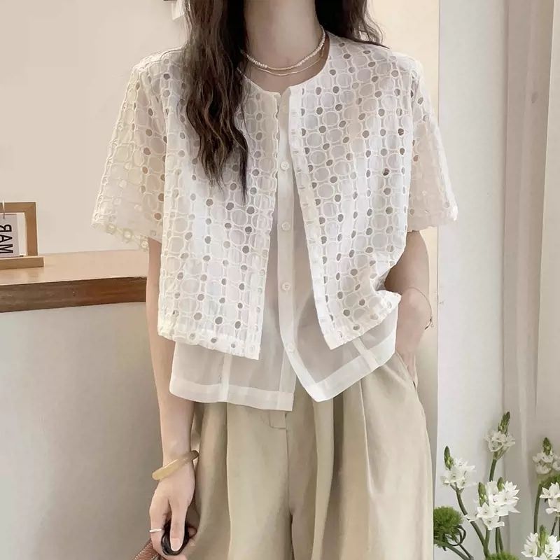 時髦率性 休閒開襟防曬衫 設計感薄款外搭 假兩件短袖襯衫