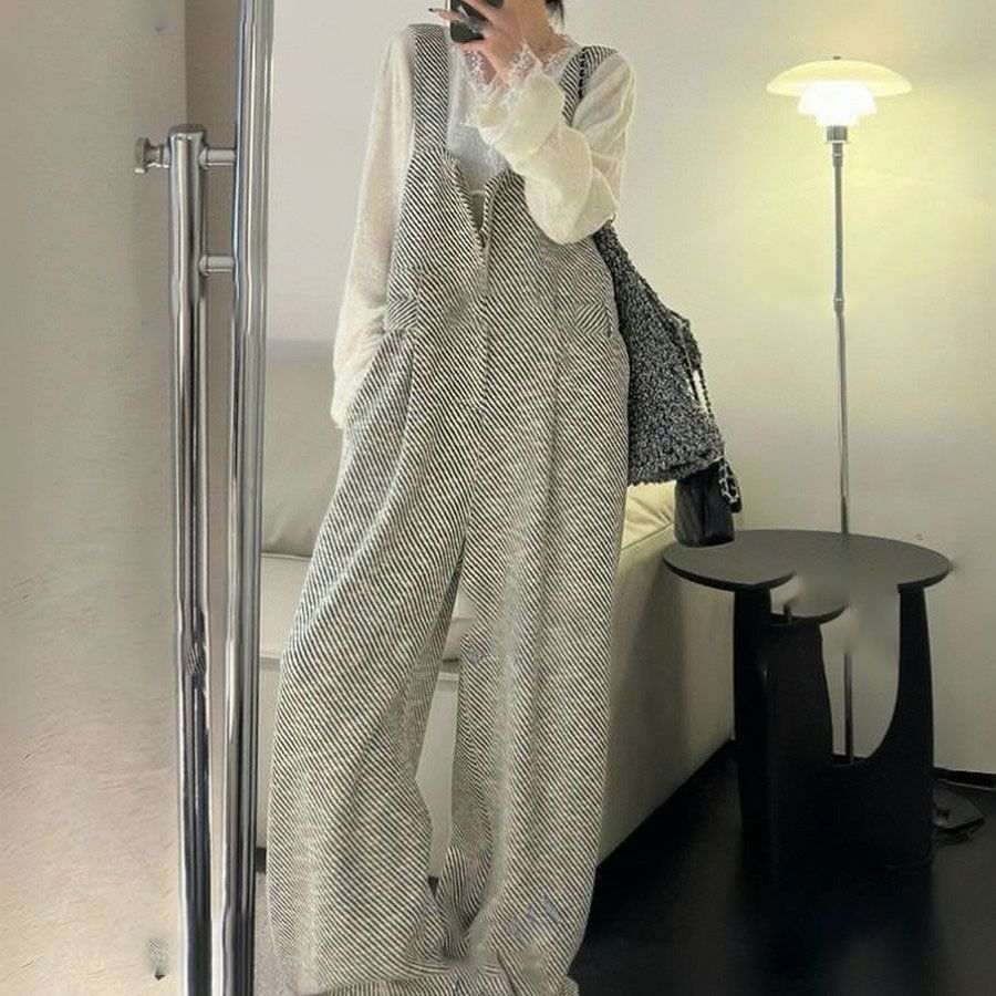 【單品可選】韓系 ‧ 斜紋寬版背帶連身褲+蕾絲花邊上衣