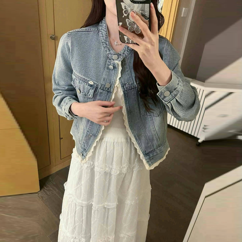 蕾絲花邊拼接牛仔外套 復古水洗短版 韓系休閒款