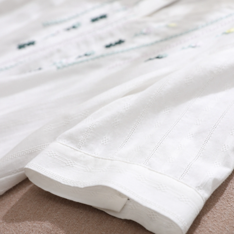 簡約純棉刺繡白色襯衫 百搭短袖寬鬆民族風V領上衣