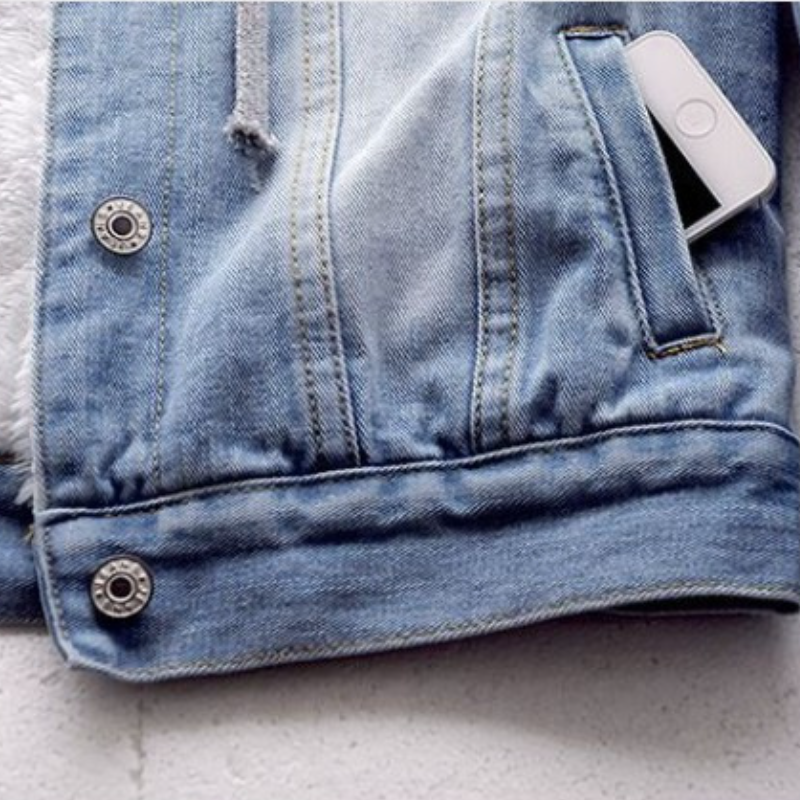 秋冬季刷毛加厚鋪棉牛仔外套（帽子可拆卸）