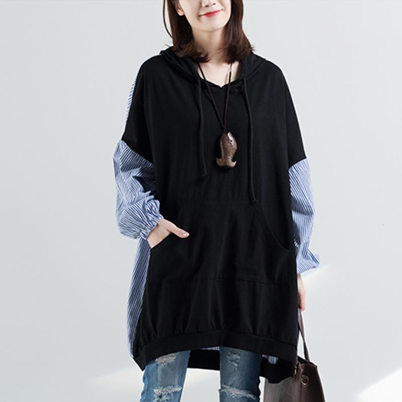 大尺碼秋季洋氣連帽上衣 拼接格紋連帽連身裙 拼接洋裝