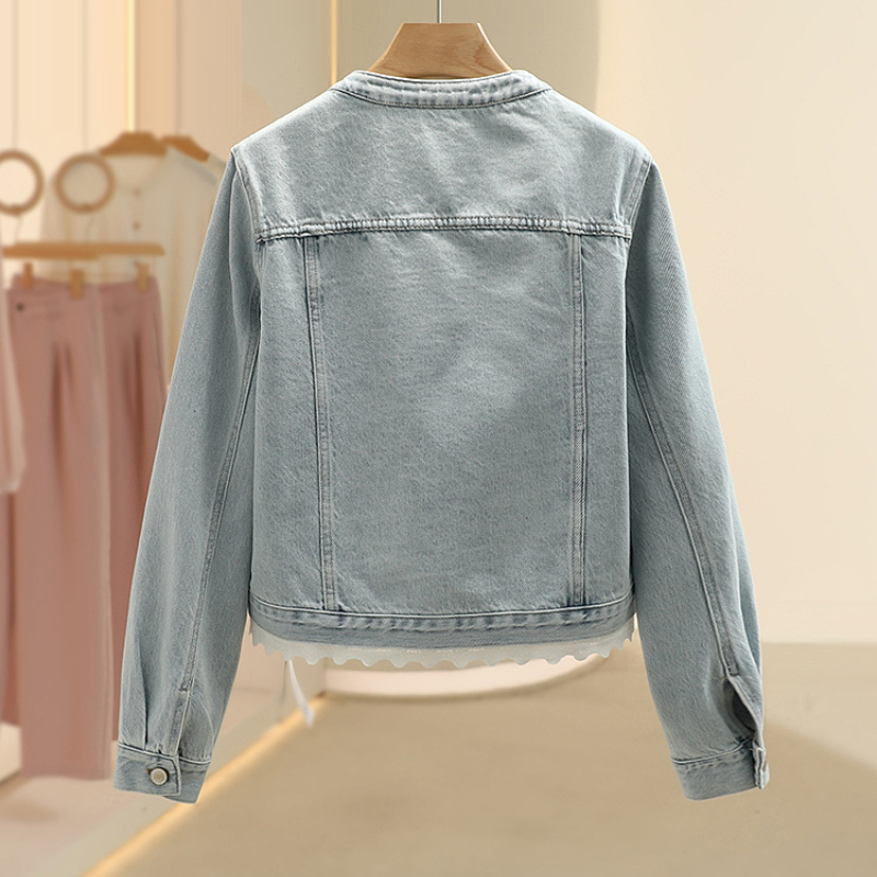 蕾絲花邊拼接牛仔外套 復古水洗短版 韓系休閒款