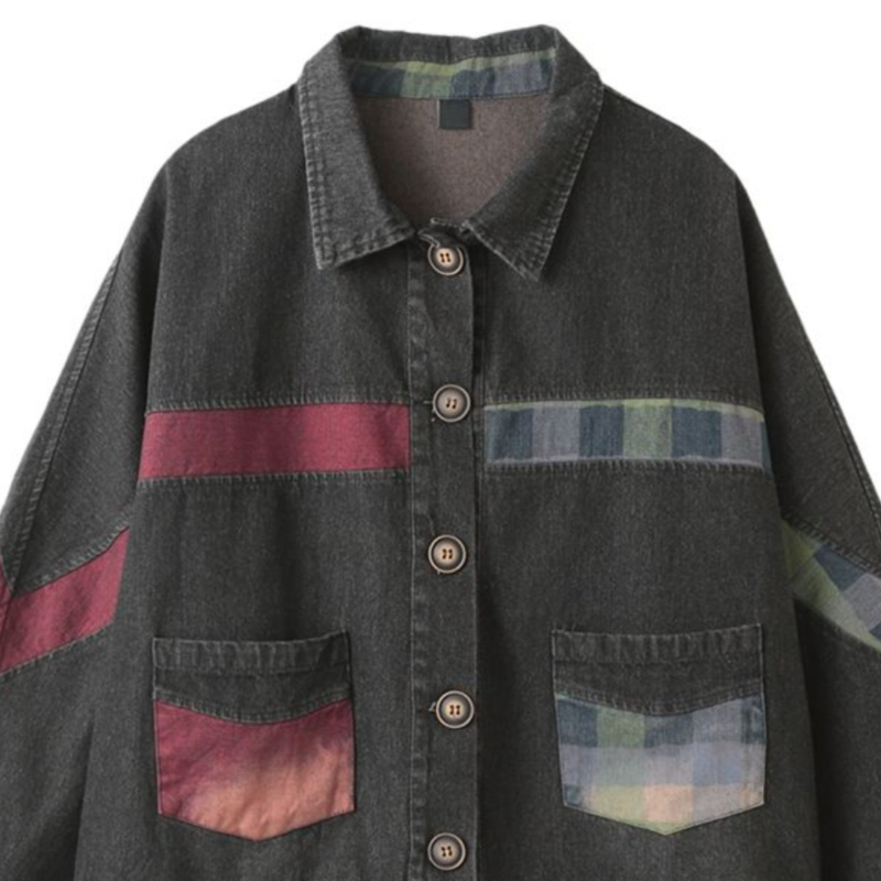 復古拼布丹寧外套 大尺碼寬鬆 厚質保暖