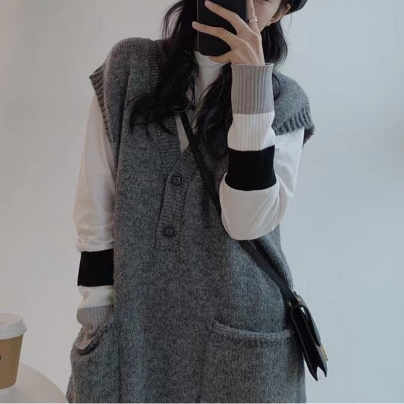 春秋寬鬆顯瘦系扣連身裙-百搭針織馬甲中長款洋裝