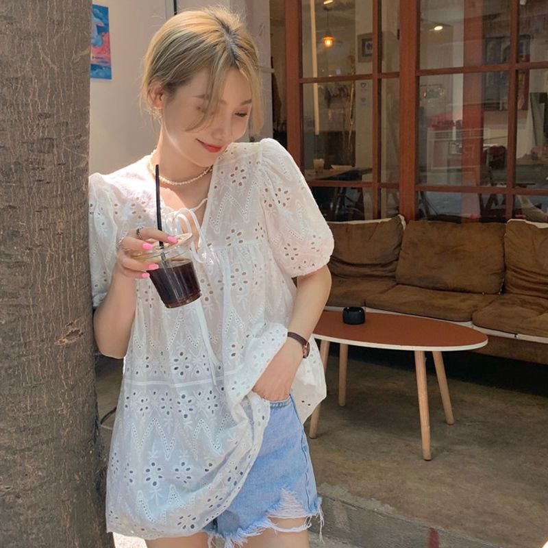 法式氧感蕾絲刺繡上衣 泡泡袖鏤空薄款短袖襯衫