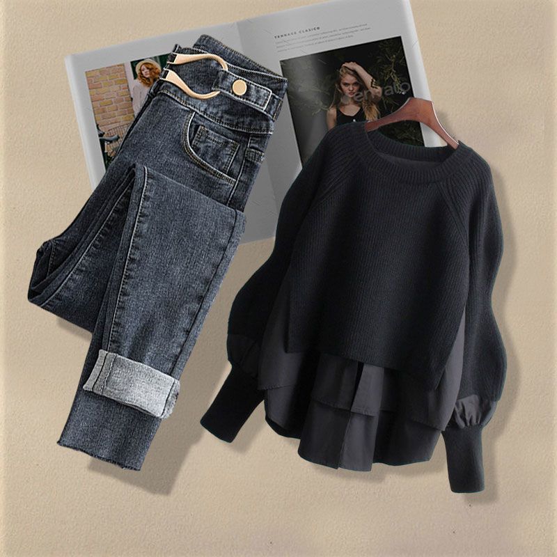 【單品可選】春秋套裝拼接針織上衣顯瘦牛仔褲兩件式組合