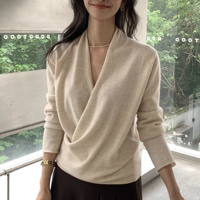 V領秋冬寬鬆上衣 性感交叉造型素面渡假長袖針織衫