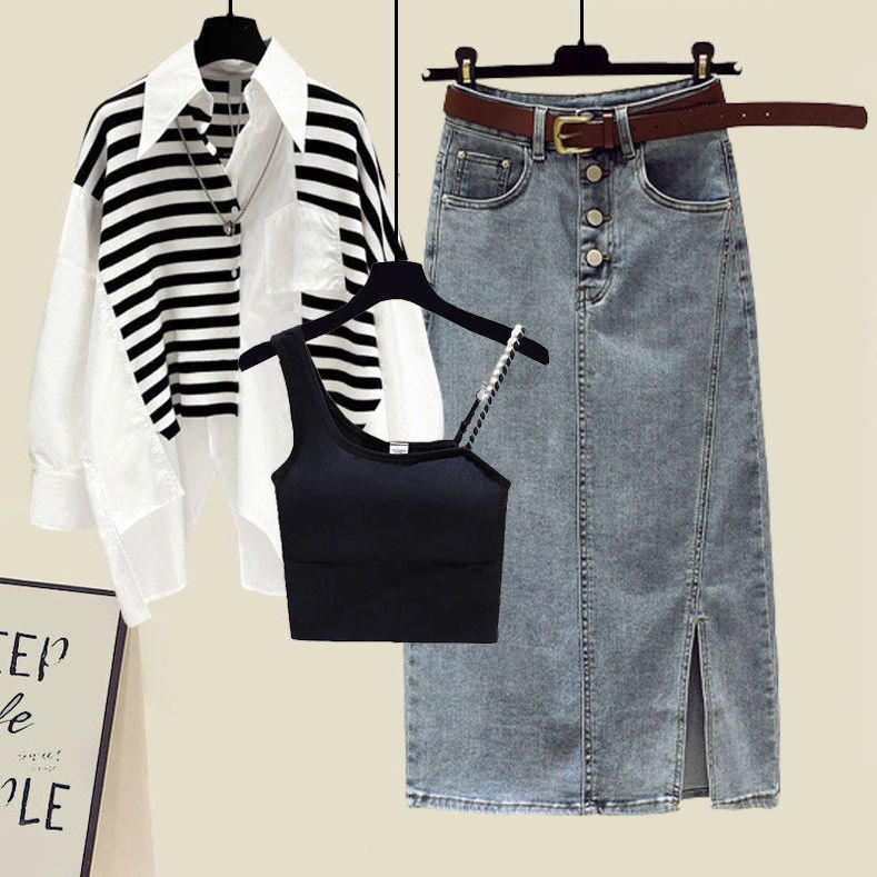 【單品可選】棉花糖救星套組 可拆式三穿機能套組 立體條紋翻領襯衫+美背細肩帶+丹寧半身裙