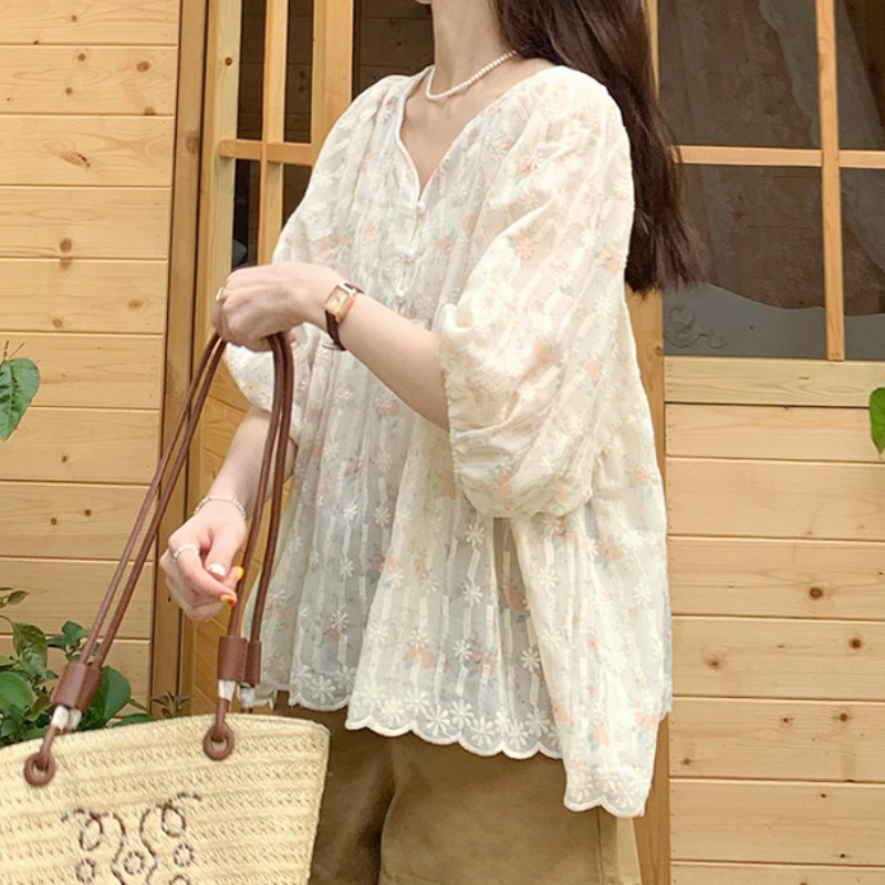碎花V領澎袖上衣 寬鬆版型 法式溫柔感襯衫