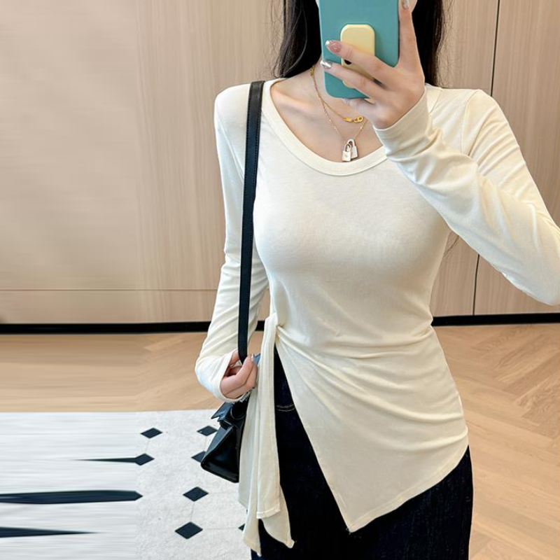 大尺碼修身長袖上衣 中長版 不規則下擺 側扭結設計 鎖骨領 顯瘦內搭