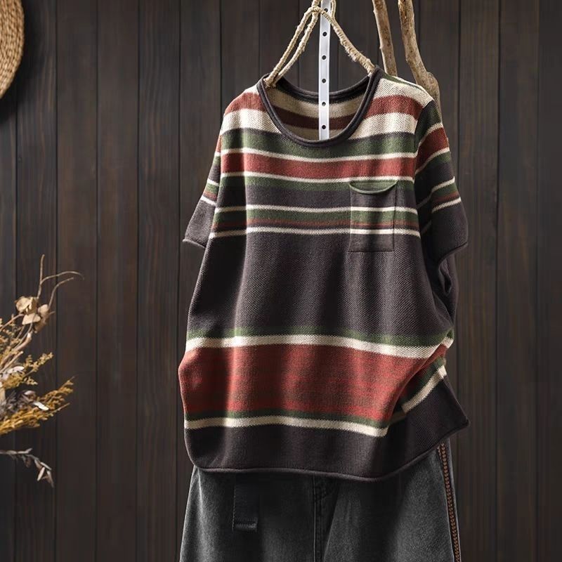 春夏條紋針織短袖T恤 寬鬆圓領上衣百搭休閒款