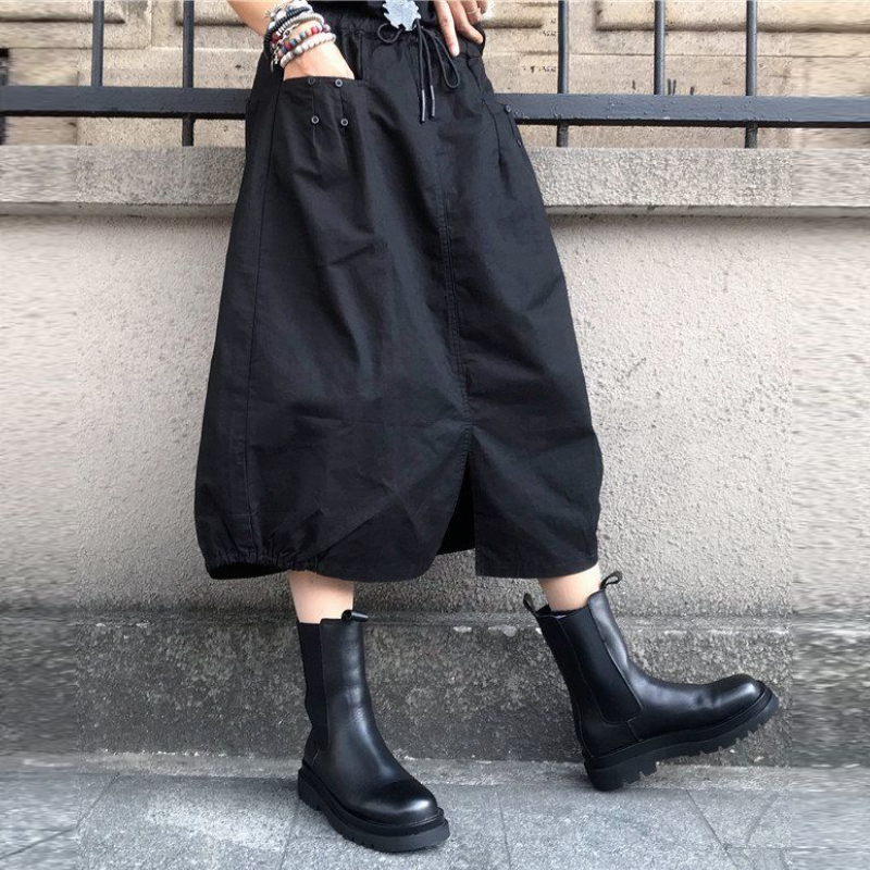 高腰鬆緊燈籠中長裙 春秋百搭 開衩設計 大尺碼友善M-4XL