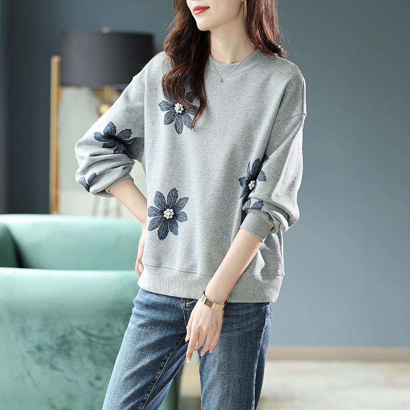 韓系印花大學T 圓領長袖 小花立體釘珠 設計感上衣