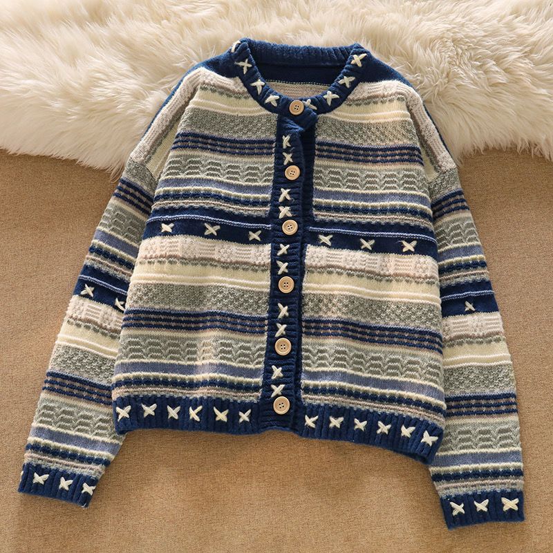 【單品可選】韓版復古潮流套裝 慵懶拼色針織上衣外套+高腰牛仔褲兩件套