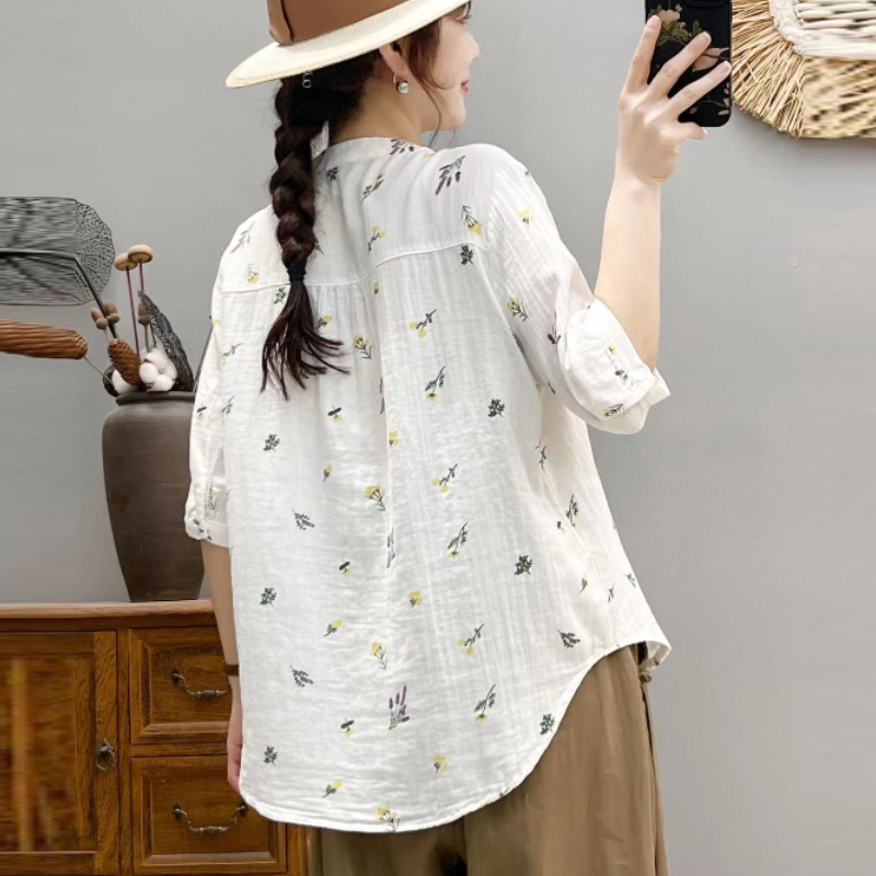 碎花雙層棉紗襯衫 中袖設計 寬鬆舒適 文青風上衣