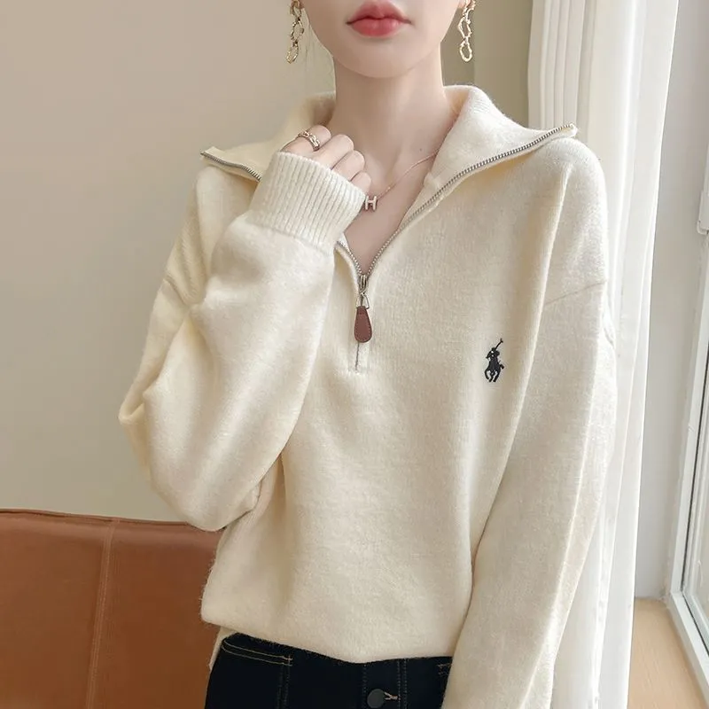 拉鏈翻領針織上衣 寬鬆設計 秋冬必備