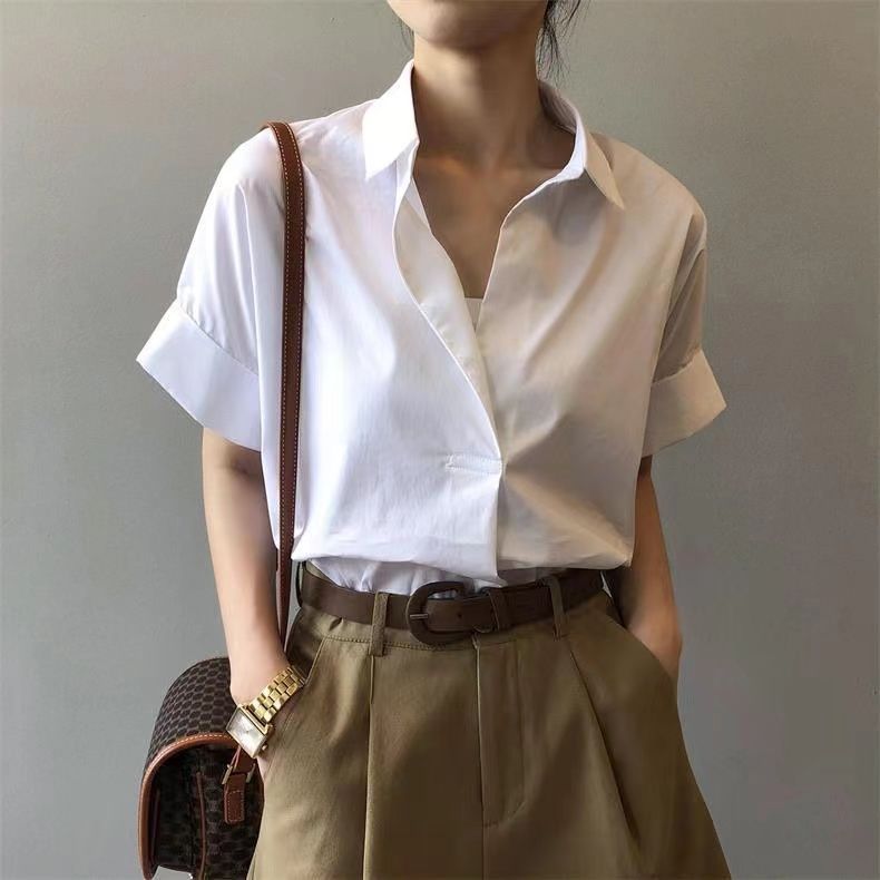 復古夏日V領 蝙蝠袖 通勤顯瘦寬鬆氣質襯衫