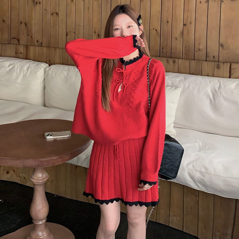 溫柔系針織套裝 蝴蝶結織紋上衣＋百褶裙 兩件式 顯瘦減齡