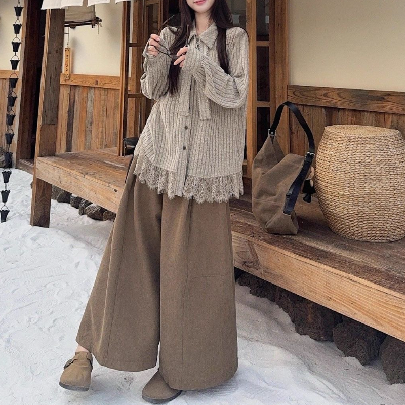 日系復古蕾絲拼接針織襯衫 寬鬆剪裁 秋冬氣質上衣