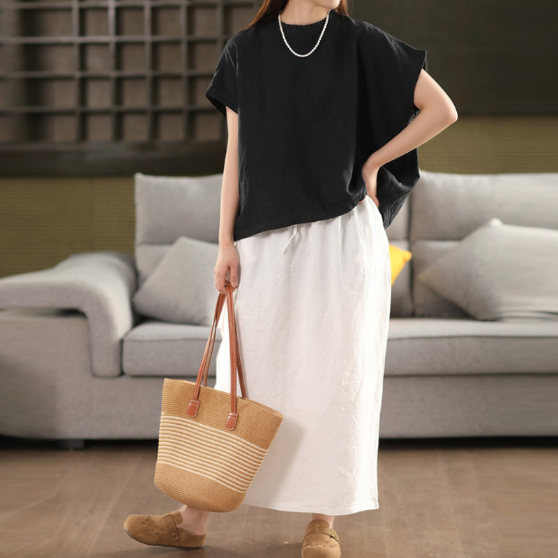 夏季亞麻短袖上衣 文青復古風寬鬆T恤襯衫 遮手臂顯瘦百搭款