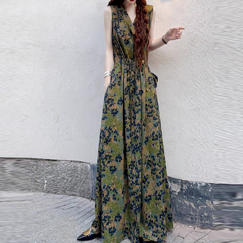 小資輕奢 法式無袖長裙 抗UV冰絲緞面渡假 獨家剪裁顯瘦 手繪熱帶印花 冷氣房友善IG爆款連身裙