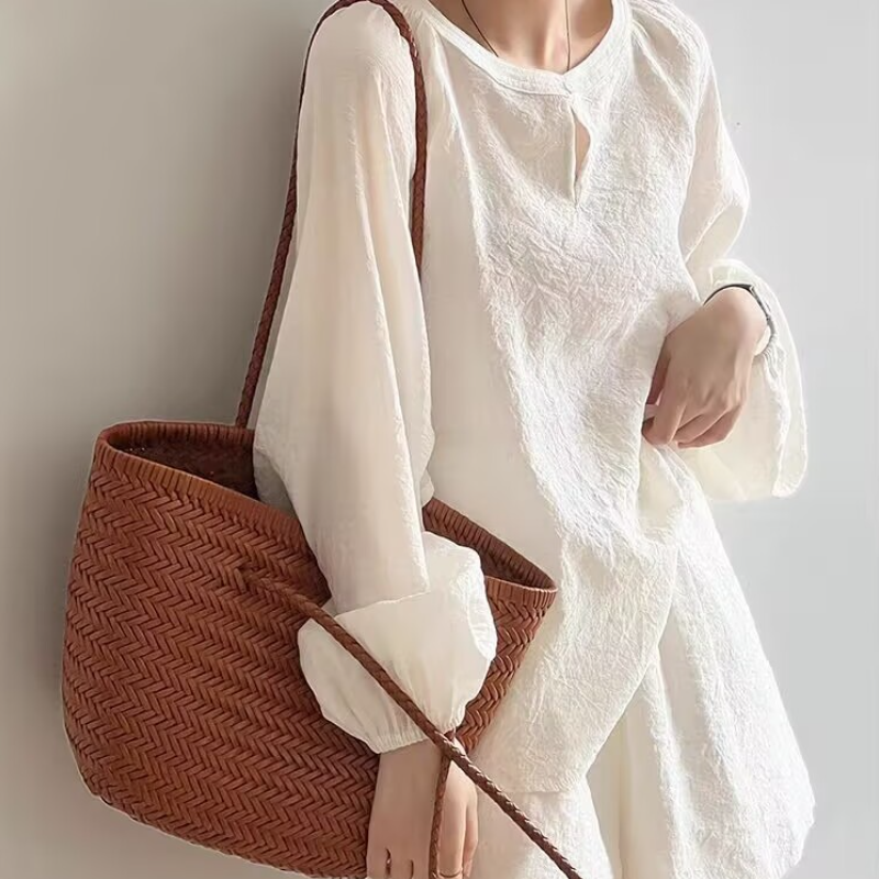 名媛風兩件套 寬鬆褶皺棉麻圓領防曬上衣＋寬褲短褲套裝