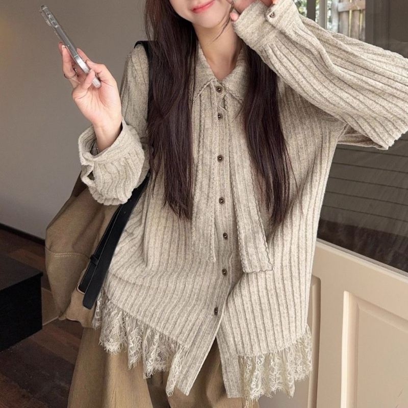 日系復古蕾絲拼接針織襯衫 寬鬆剪裁 秋冬氣質上衣