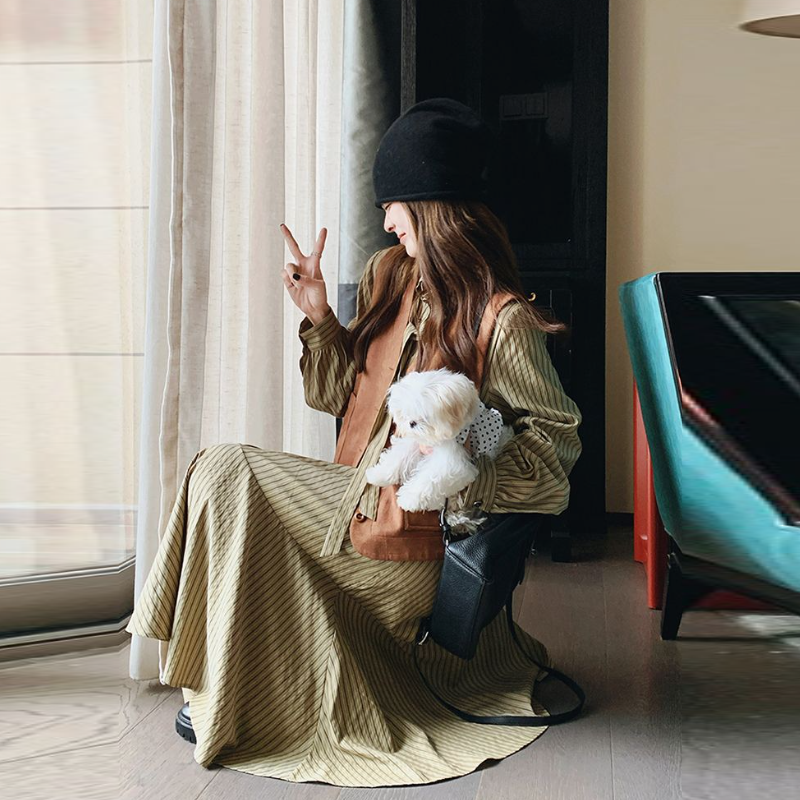 韓系條紋襯衫洋裝＋背心 兩件式套裝 長袖成套穿搭 設計感新款