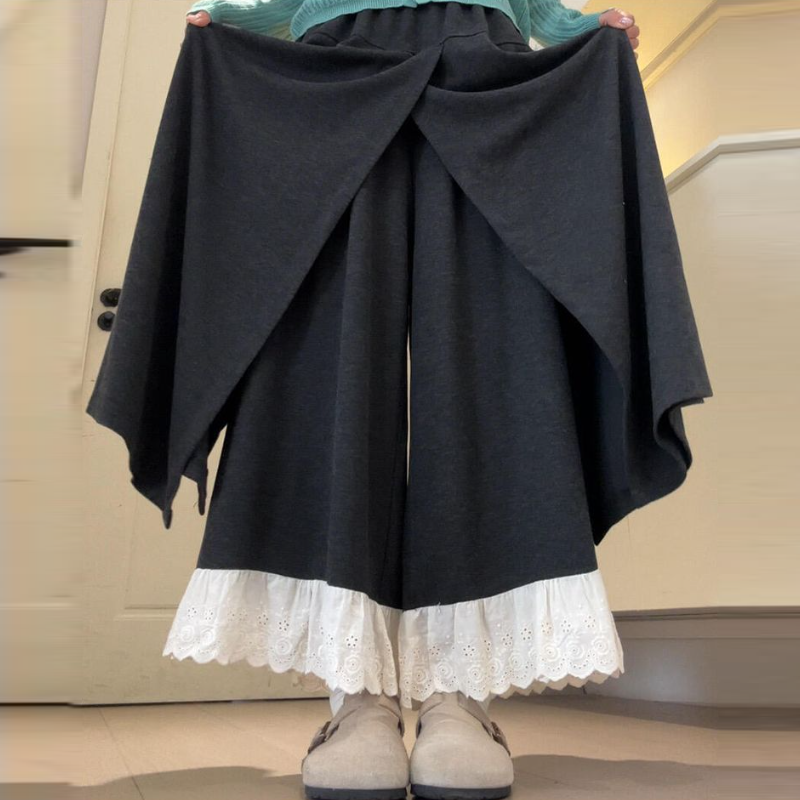 深灰蕾絲拼接褲裙 闊腿垂墜感 嬌小友善 秋季新款