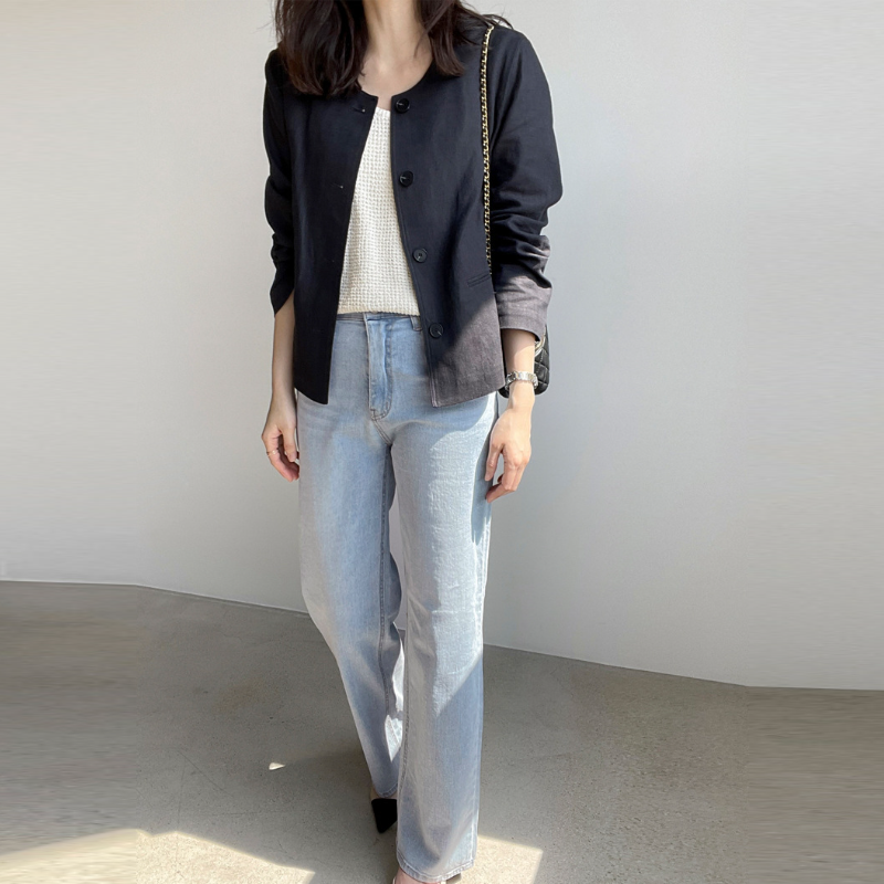 韓系棉麻薄外套 長袖開襟 圓領小西裝版