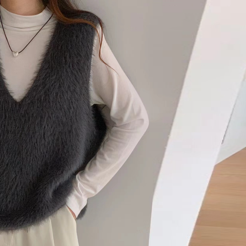 仿水貂絨V領針織背心 秋冬素色無袖毛衣背心