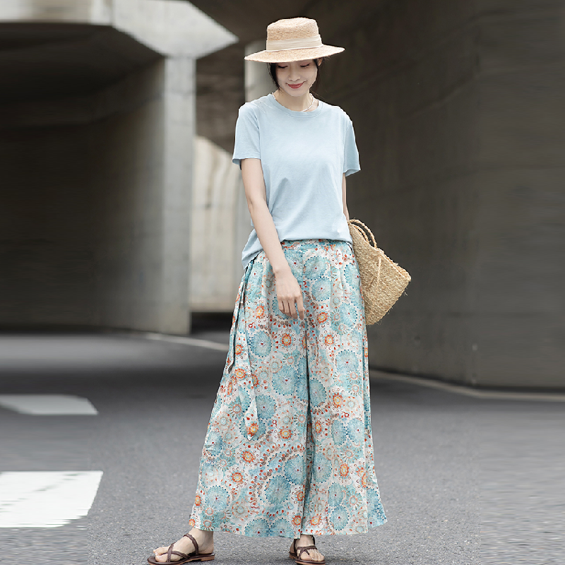 老屋印花吉普賽流浪風棉麻褲裙 南法莊園手繪撞色綁帶休閒寬褲