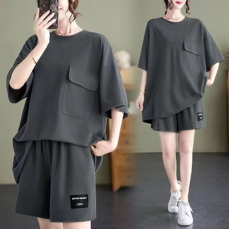 大尺碼素色短袖短褲兩件套 寬鬆顯瘦休閒家居套裝