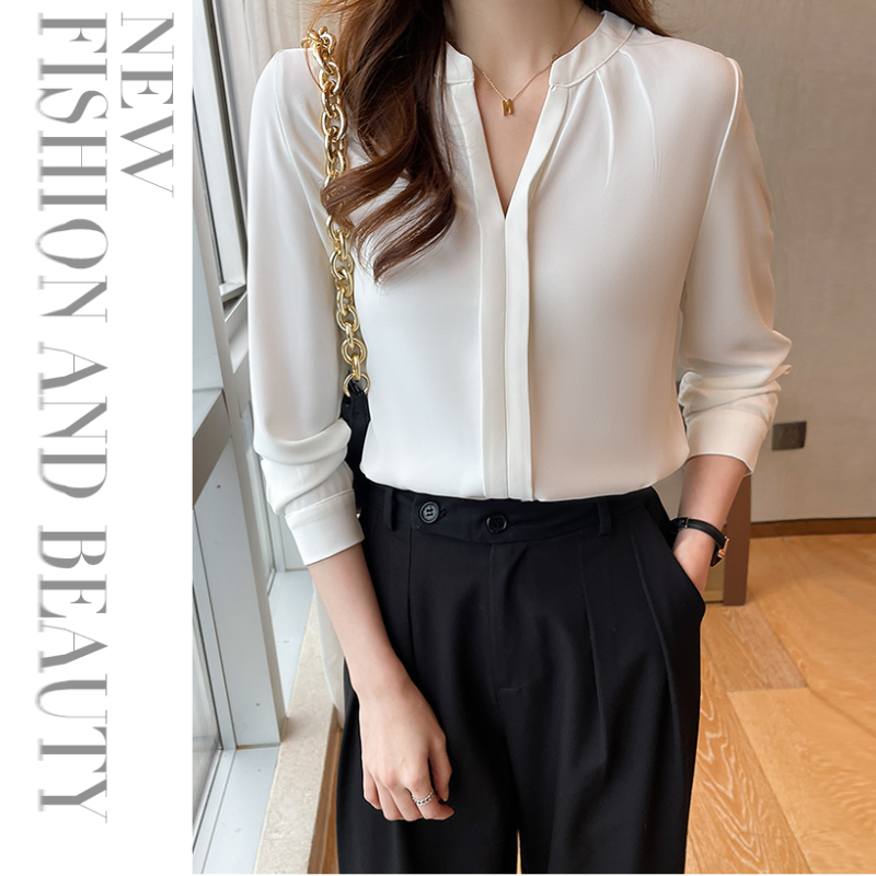 韓版v領雪紡白色襯衫女士長袖年春秋季職業正裝氣質上衣內搭上衣