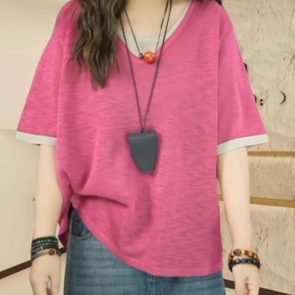 韓版假兩件短袖T恤 遮肉顯瘦休閒上衣・棉花糖女孩寬鬆層次感設計