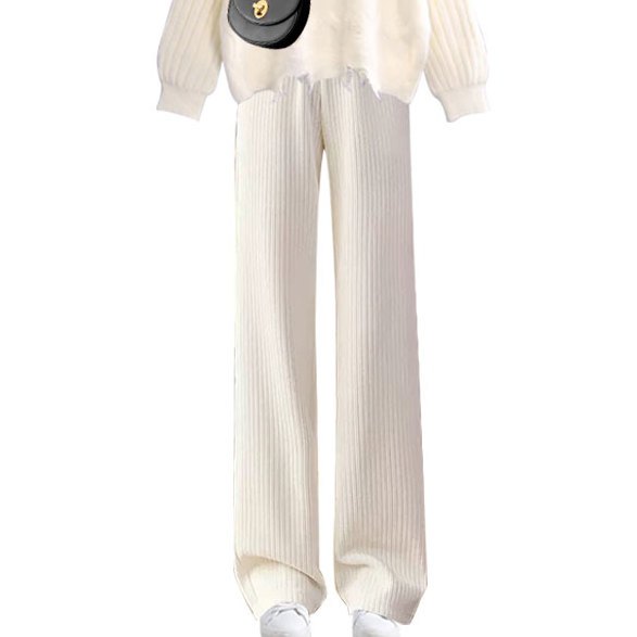 「套裝/單件」奶色系針織上衣＋寬版長褲兩件式套裝 秋冬溫柔穿搭