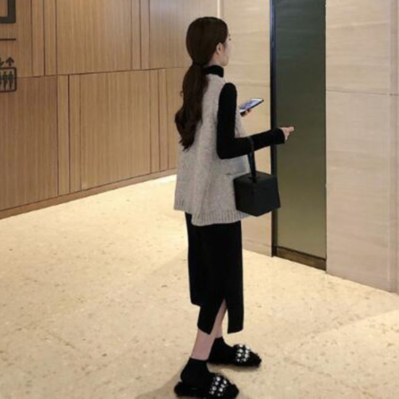 優雅秋裝組合針織背心+半高領連身裙套裝