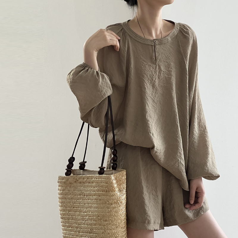 名媛風兩件套 寬鬆褶皺棉麻圓領防曬上衣＋寬褲短褲套裝