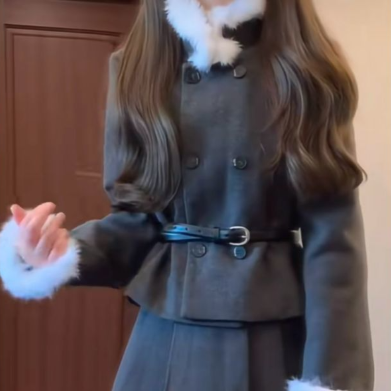 一整套OOTD穿搭復古高級感毛毛領外套百褶半身裙兩件套裝尾牙穿超好看