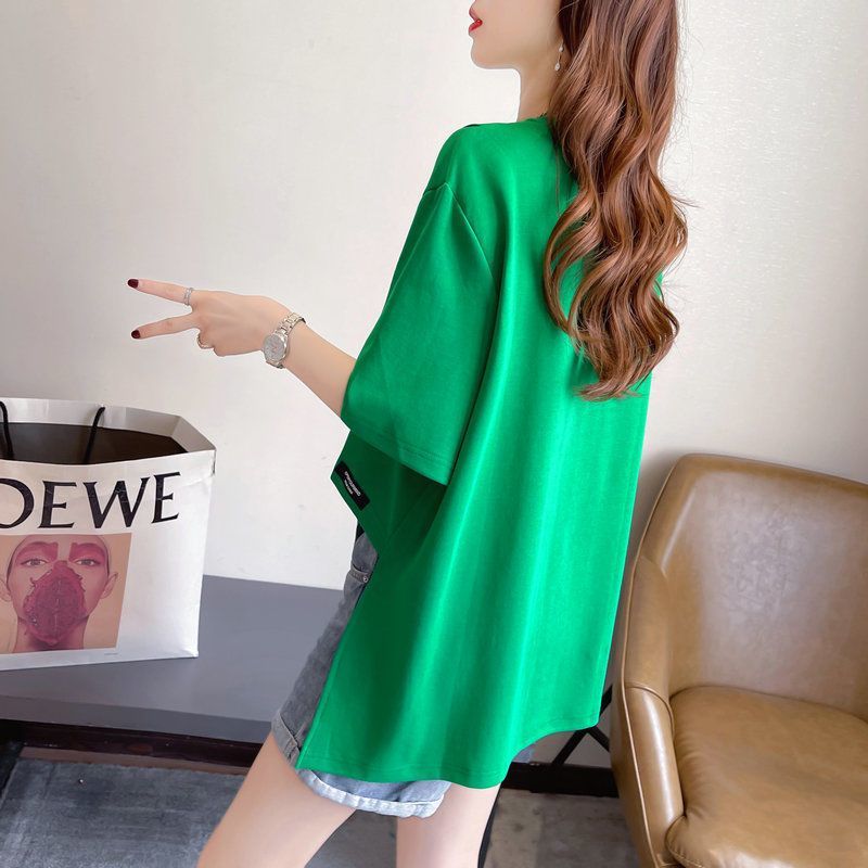 大尺碼字母不對稱開衩短袖T恤 棉花糖女孩寬鬆顯瘦上衣