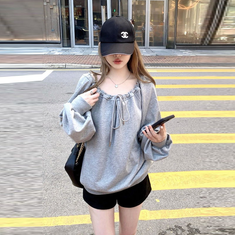 韓系綁帶斜肩寬鬆大學T 慵懶感套頭長袖上衣