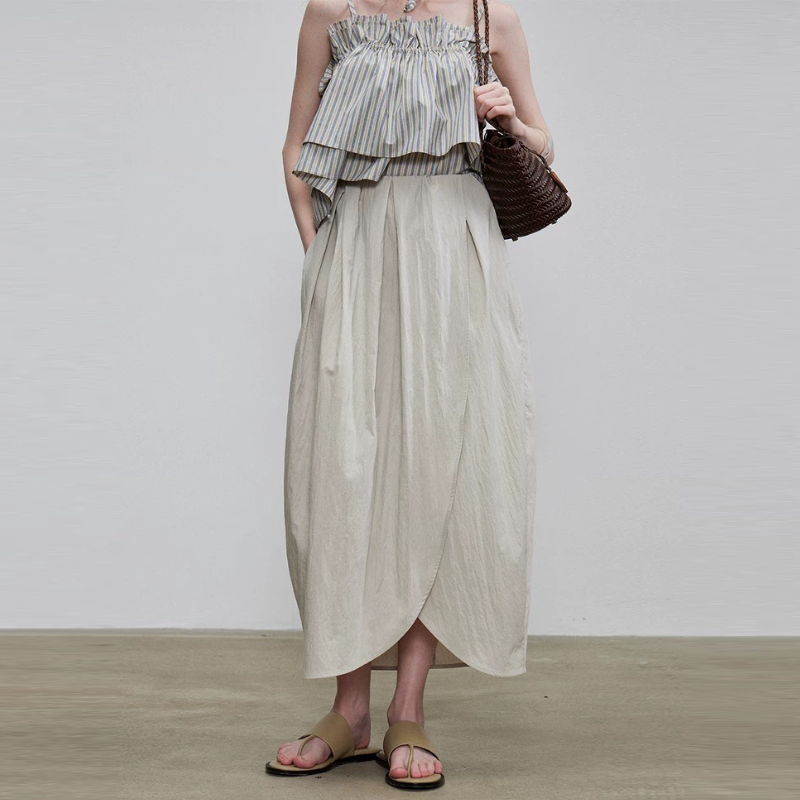 小眾度假風荷葉邊吊帶背心 不對稱開衩半身裙 棉感花苞設計 郁金香大擺中長裙