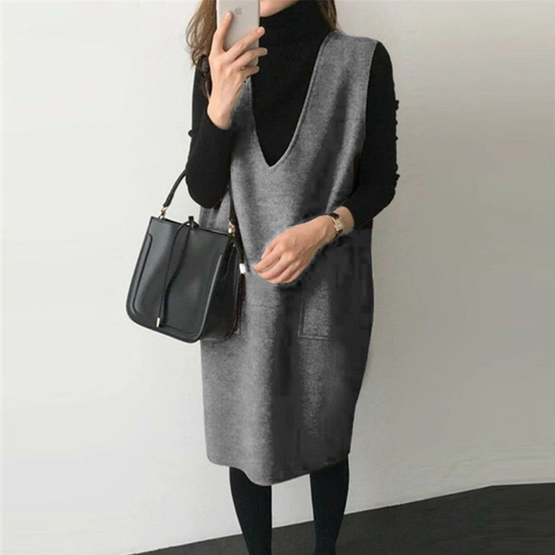 7色毛呢料背心 中長款素色寬鬆無袖連身裙