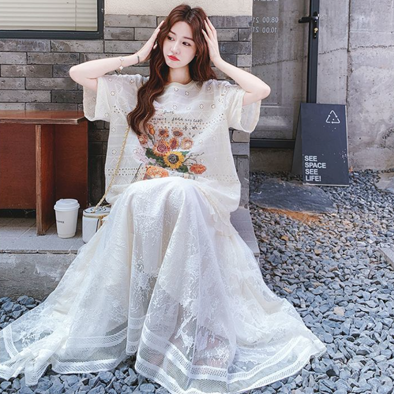 印花蕾絲上衣＋長裙套裝 刺繡細節 氣質優雅兩件式洋裝感穿搭