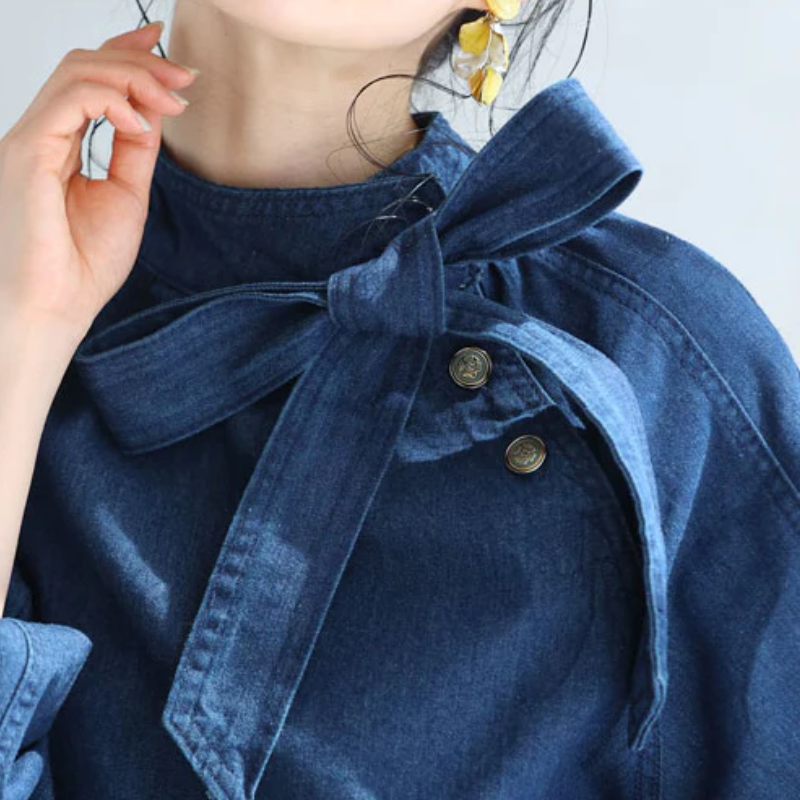 牛仔系帶蝴蝶結襯衫 燈籠袖設計 百搭丹寧上衣