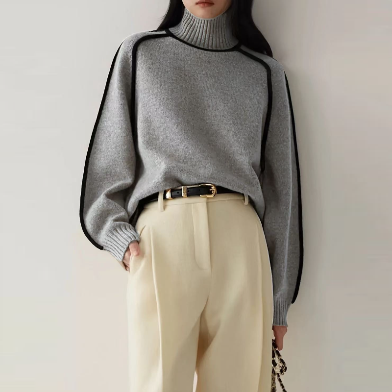 高領插肩針織毛衣 法式感燈籠袖 滾邊設計 寬鬆版型