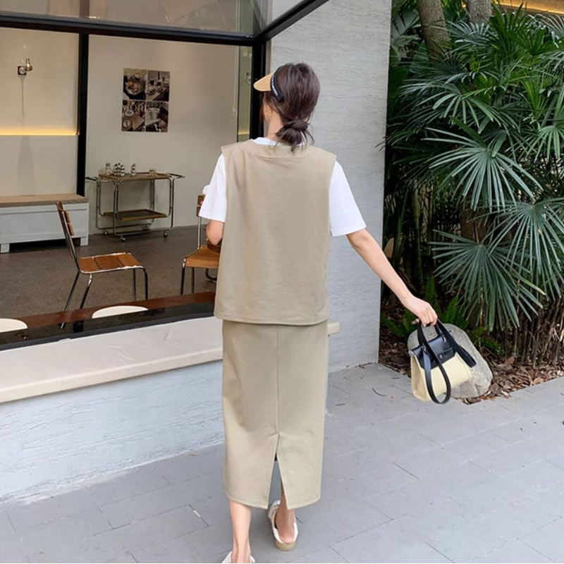 設計感兩件式套裝 V領拼接短袖T恤 配高腰中長裙 成套穿搭 顯瘦有型