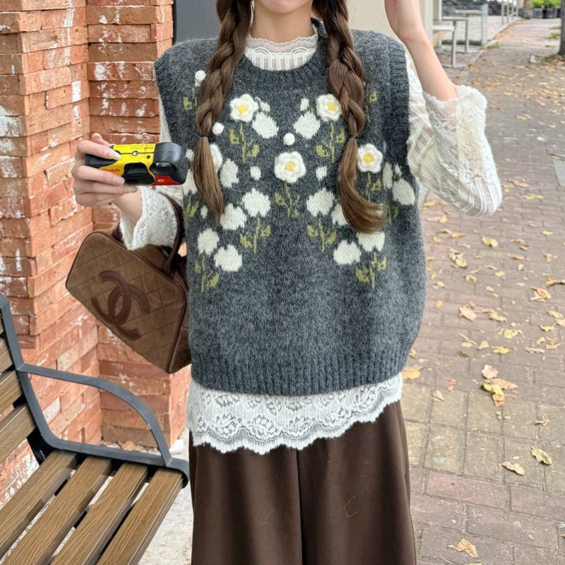 【單品可選】韓系提花針織背心+蕾絲拼接上衣 秋季寬鬆慵懶風背心 花卉刺繡設計