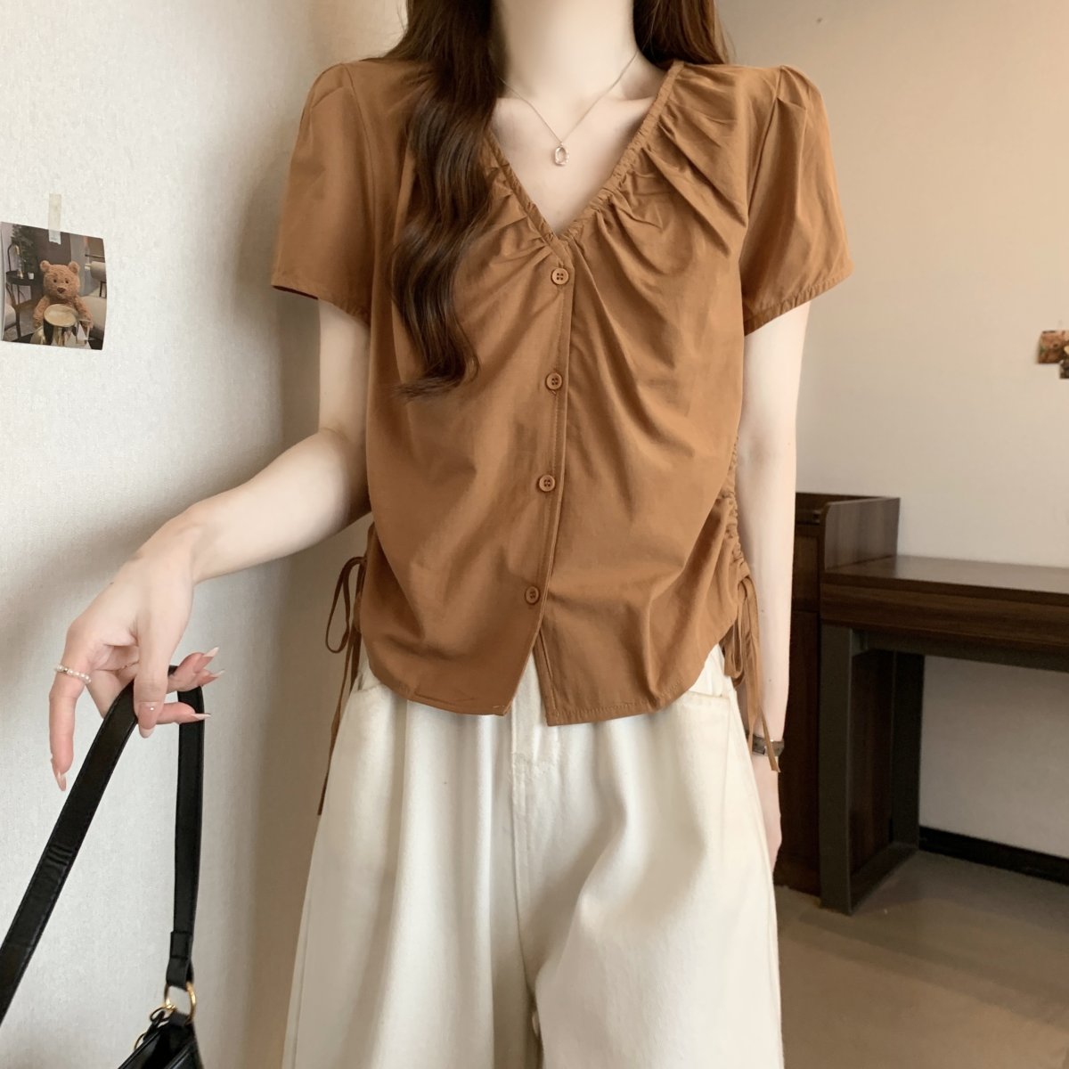 設計感皺皺v領短袖襯衫 顯瘦寬鬆百搭抽繩短款上衣
